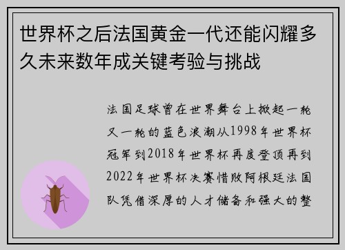 世界杯之后法国黄金一代还能闪耀多久未来数年成关键考验与挑战